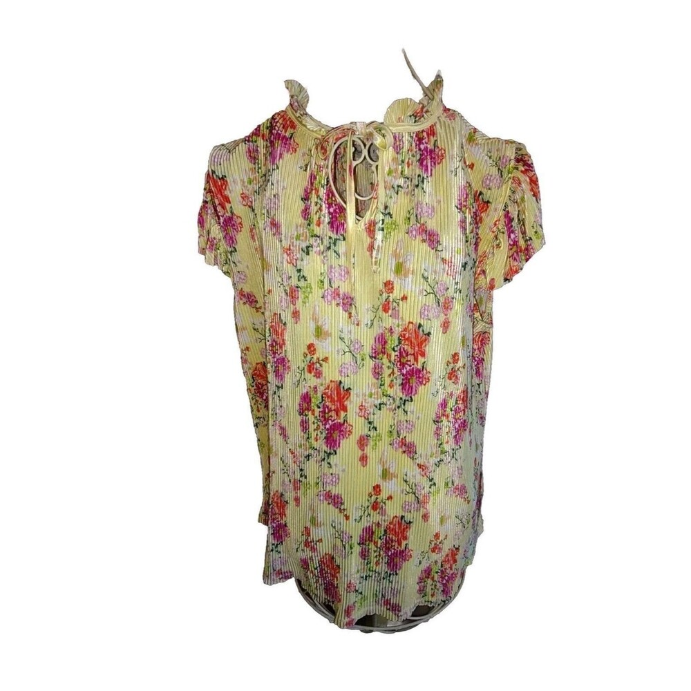 EUC Sz Large Woman's Flutter Yellow Pink Flower Print Key Hole Tie Neck